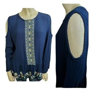 John Paul Richard Blouse XL Womans Cold Shoulder Embroidered Blue Boho Flowy